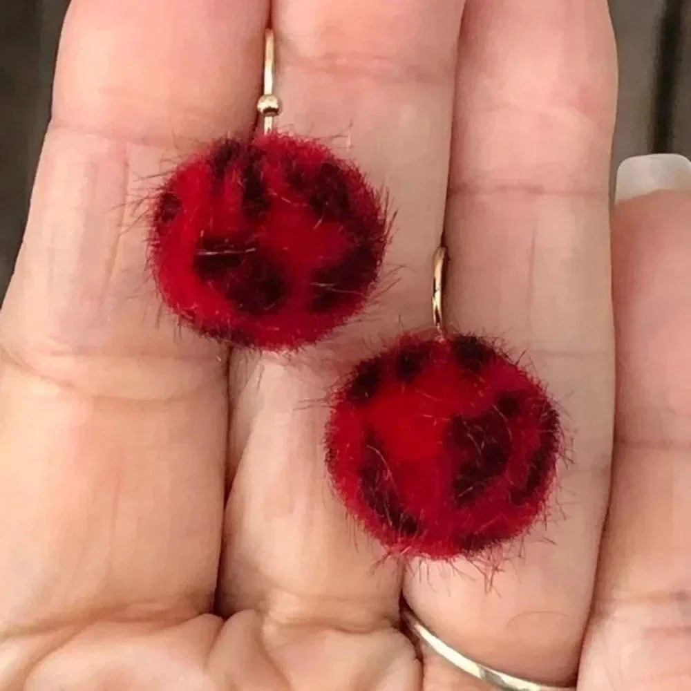 Red Leopard Fuzzy Furry Pom Pom Drop Earrings NWT